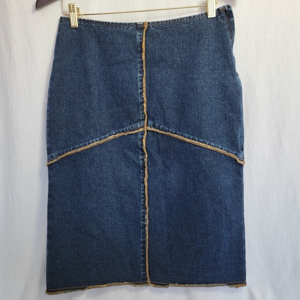 Vtg Y2K Tommy Hilfiger Jeans Blue Denim Patchwork Long No Slit Sz 8 90s‎ Raw Hem